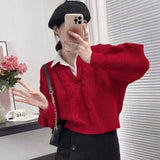 Sweater Autumn And Winter Splicing Women's Shirt Wear Design Niche Collar Loose Jaflage Shirt Fake Two
