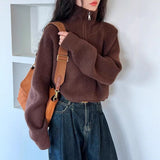 Design Sense Half-High Collar Zipper Red Knitted Shirt Women's Short Autumn And Winter New High-Waist Sweater Loose Thick Coat