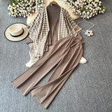 Korean Version Of Chic Fashion Set Women's Long-Sleeved Knitted Top Coat + High-Rise Display Thin Leg Straight Trousers Three-Piece Set
