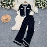 Small Fragrant Breeze Sleeze Sleeze Round-Neck Collar Knitted Top Women High-Waisted Leisure Broad-Legged Pants Summer Suit