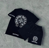 T-Shirt Trendy Retro Print Round-Neck Short-Sleeved Men's Loose Cotton Free-Fitting Hiphop Pants Couple Suit