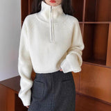 Design Sense Half-High Collar Zipper Red Knitted Shirt Women's Short Autumn And Winter New High-Waist Sweater Loose Thick Coat