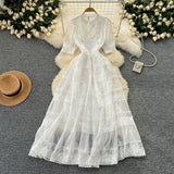 French Retro Court Dress Women's Waist Thin Temperament Bubble Sleeve Lace Splicing Big Swing Dress Dress