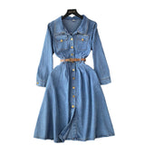 Vintage Water Wash Denim Dress Women's Autumn New High-End Thin Temperament Waist Single Buckle Long Skirt