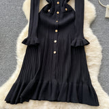 Small Scented Dress Women's Autumn And Winter Set High-End Feeling V-Neck Metal Buckle Slimming Lotus Leaf Side Knitting Skirt