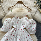 2025 Spring And Summer Sweet Shoulder Slings Bubble Short Sleeve Cherry Print Waist Dress Women's Wooden Ear Short Skirt