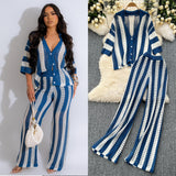 Women's Summer V-Neck Loose Knitted Cardigan Top + Broad Leg Trousers Set With Striped Hollow Set