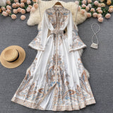 Spring And Autumn Retro Collar Horn Sleeve Print Dress Women In Court Style Over The Long Skirt