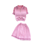 Summer New Knitted Shirt Two Sets Of Women Retro Short-Sleeved Top + High-Waisted Folded Skirt