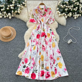 Korean Version Of Fashion Casual Denim Dress Women Retro Collar Short Sleeve Single Buckle Waist Swing Shirt Long Skirt