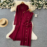 Cincupies Senior Sense Loose External Medium And Long Knitted Cardigan Jacket + Sleeveless Metal Buckle Joint Skirt