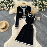 Small Fragrant Style High-End Set Of Women's Autumn Fashion Crash Round-Neck Long-Sleeved Knitted Shirt Sleeveless Vest Skirt