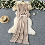 Korean Wearing A Female Gentle Windy Hooks Long-Sleeved Knitted Shirt + High-Rise Thin Half Skirt