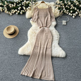 Small-Scale Vintage Hollow Crocheted Shoulder Sling Knitted Shirt Two Sets Of Women's Half-Dress