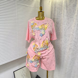 Fashion Set European Dress Design Butterfly Set Drill Short Sleeve T-Shirt Blouse Woman + Tight Waist Broad Leg Shorts Two Sets