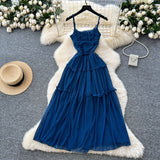 French Tea Break Retro Sling Dress Women's Holiday Wind To Show Thin Folds Design Long Skirt