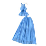 Holiday Style Suit Women's Summer French Waistless Sleeveless Hanging Neck Top High Waist Thin Half Skirt Two-Set