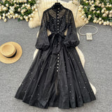 French Standing Collar Nails Drilled Full Of Star Buckle Lantern Sleeves Tied With Waist Temperament Dress Famous Party Dress Dress