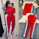 Fashion Denim Set Female Retro Casual Color Long-Sleeved Sweater Denim Spliced Broad Leg Pants Two Sets