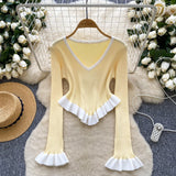 Clamming Striped Knitted Shirt Autumn Lotus Side Hem Horn Sleeves Slimmed Out Of The Bottom Coat