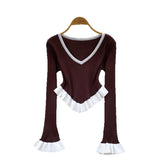 Clamming Striped Knitted Shirt Autumn Lotus Side Hem Horn Sleeves Slimmed Out Of The Bottom Coat