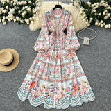Famous Vintage Printed Dresses Women's New Spring 2025 New Waist Temperament V-Neck Single-Rece Buckle Long Dress