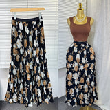 New Tight Waist High Waist Crums Sweet A-Shaped Skirt Women's Long Print 100-Fold Skirt