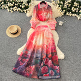 Cpro Actress High-End Printing Set Female Lantern Sleeve Buckle Shirt + High Waist Swing Half Body Skirt