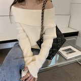 One-Word Shoulder Sweater Autumn And Winter Lazy Wind Loose Retro Wear Bottom Shoulder Collar Knitted Blouse Female Retro Style