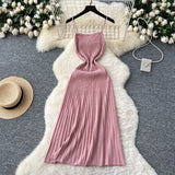 Summer Dress Women 2025 New Gentle Wind Temperament Slings Waists Thin Vertical Knitted Dress Inside The Long Skirt