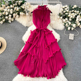 Elegant Three-Home Folded Dress Dress Wooden Ear Long Heavy Industry Pressure Folds High-End Exquisite Dress Woman