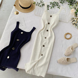Knitted Dress 2025 New Summer Temperament Square Collar Slim Thin Buckle Sleeveless Vest Open Bottom Skirt