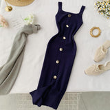 Knitted Dress 2025 New Summer Temperament Square Collar Slim Thin Buckle Sleeveless Vest Open Bottom Skirt