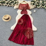 Three-House Folded Two Sets Of Women's Waist Repair Short Sleeve Pressure Folded Blouse Flowers High Waist 100 Folds Skirt