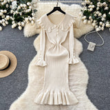French Retro Doll Collar Horn Sleeve Dress Women Autumn Waist Thin Temperament Knitted Dress