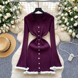 Light Luxury Famous Knitted Dress Woman Autumn Wooden Ear Over The Collar To Slim Beautiful Sister Mid-Long Dress