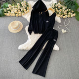 Fashion Three-Piece Women's Winter Casual Zipper Knitted Coat + Embroidered Vest + High-Waisted Wide Leggings