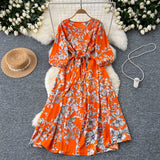 French Retro Fashion Print Dress Women Loose Strap To The Waist Thin A Word Big Pendulum Long Skirt