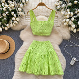Spice Girls Hollow Embroidery Suit Female Sling With Short Waist Vest + High-Waist A-Word Skirt Sexy Two