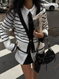 New Women's Black And White Stripes Simple Fashion V-Neck Button Knitted Cardigan Jacket