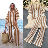 Women's Summer V-Neck Loose Knitted Cardigan Top + Broad Leg Trousers Set With Striped Hollow Set