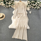 Korean Early Spring Wearing A Lazy Knitting Suit Women's Design Hollow Top Dress Two Sets Of Tide