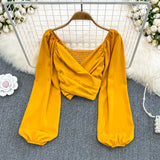 Spring Fashion V-Neck Folded Collared Collared Collared Long-Sleeved Sleeve Cover Female Chic Short-Term Navel Blouse