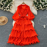 2025 New Elegant Dress Spring Dress High-End Retro Collar Lantern Sleeves To Close Waist Lotus Leaves Side Pressure Skirt Dress Woman