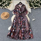 2025 Summer Dress New Niche Light Familiar Wind V To Receive Waist Thin Temperament French Pressure Folding Printing Chiffon Dress