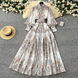 Holiday Style Dress Women's Spring Court Collar Lantern Sleeves To Close The Waist Single Buckle Printing Folded Long Skirt