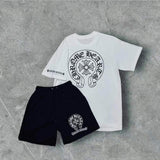 T-Shirt Trendy Retro Print Round-Neck Short-Sleeved Men's Loose Cotton Free-Fitting Hiphop Pants Couple Suit