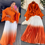 Miyajie Wrinkled Butterfly Sleeve Gradient With Shawl Short Coat Top + Gradient 100 Folded Skirt Two-Piece Suit