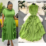 Elegant Three-Home Folded Dress Dress Wooden Ear Long Heavy Industry Pressure Folds High-End Exquisite Dress Woman