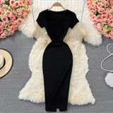 Tight-Up Thin Collar Knitted Dress Short Sleeve 2025 Summer New Temperament Sexy Hot Ass Long Skirt